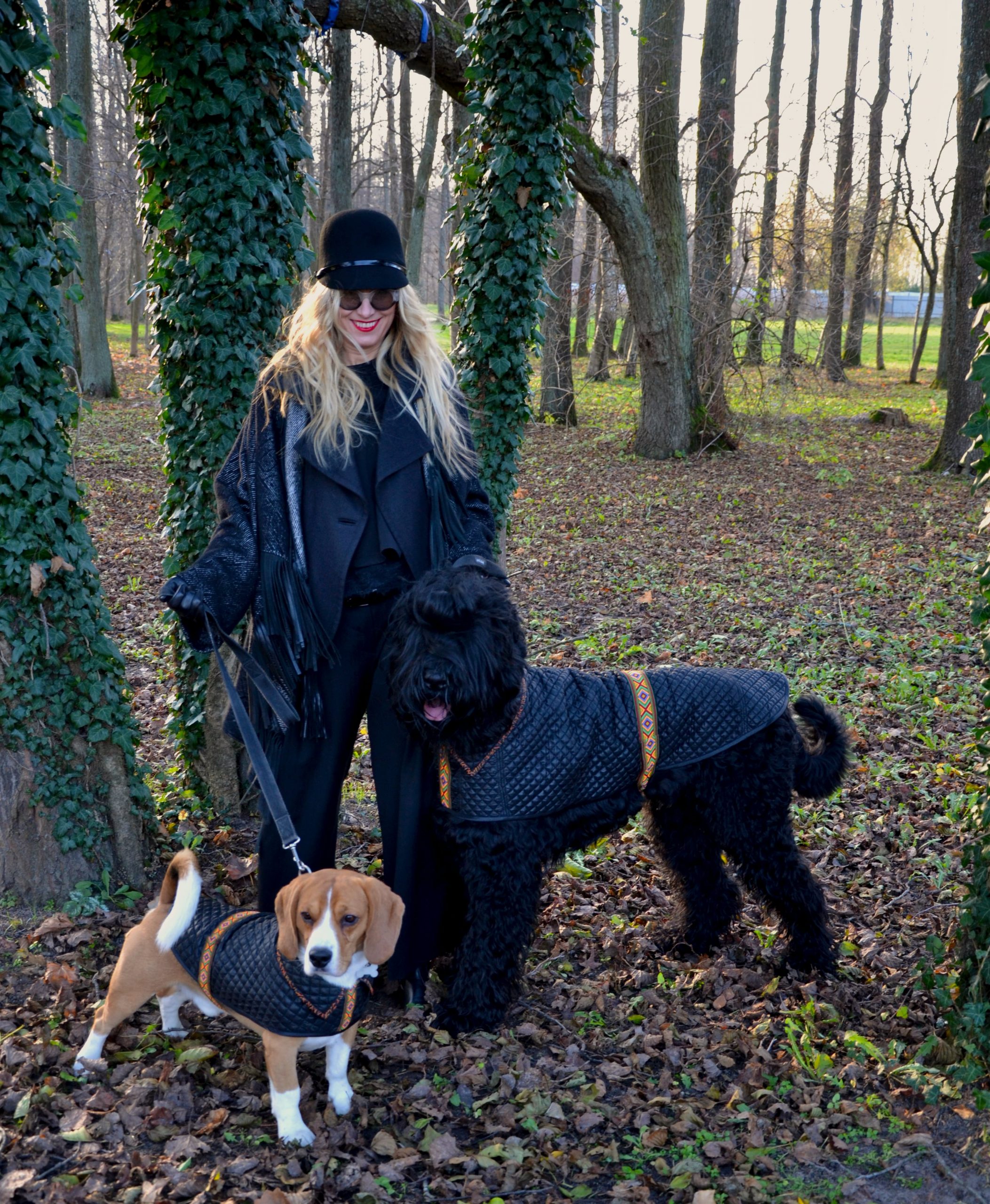 Two dogs with handmade quilted coats