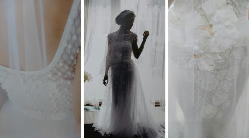 bride in custom wedding dress with pearls
