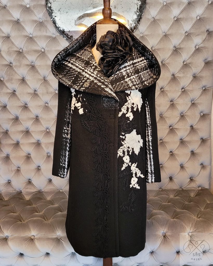 Black coat with black and white lace decor