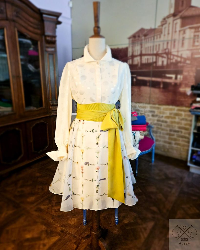 Silk top and organza silk skirt with corset belt on top