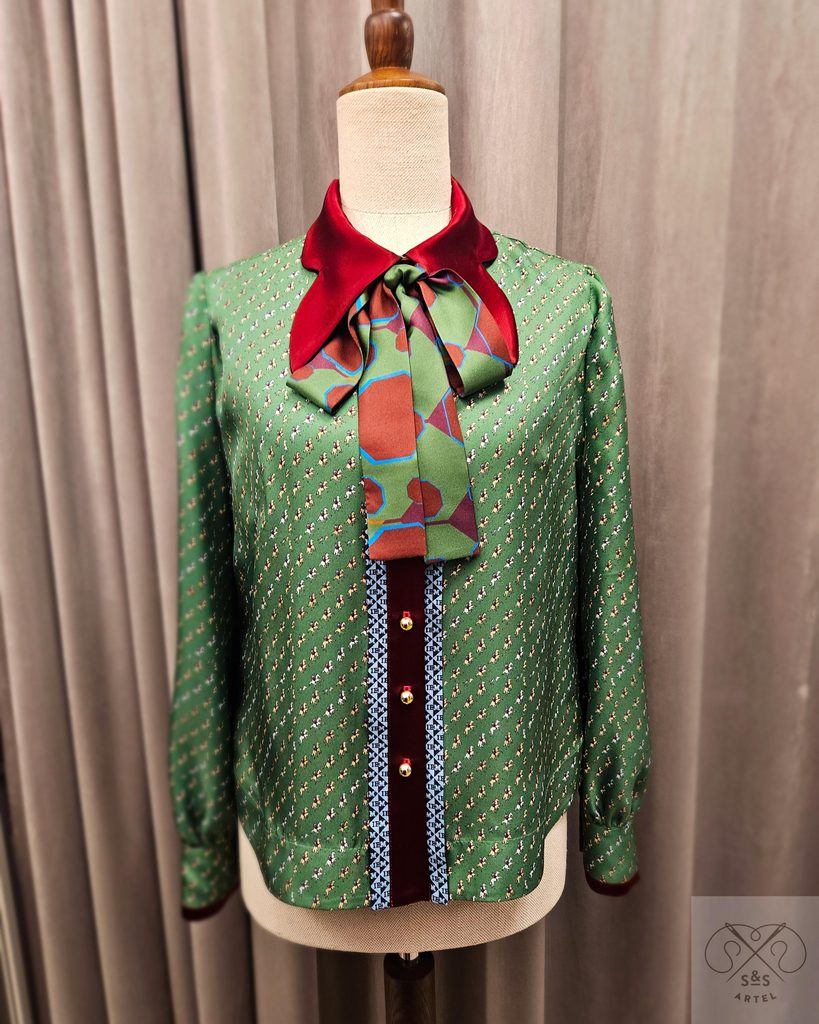 Green silk shirt blouse with butterfly shape collar