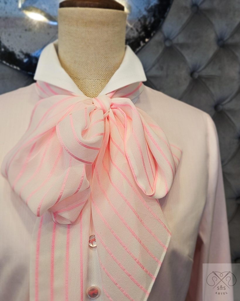 pink cotton shirt with striped silk bow tie