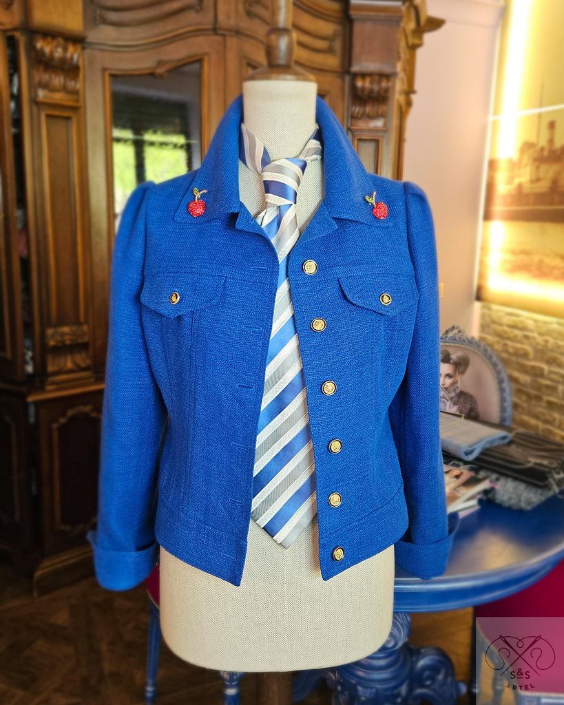 Silk and linen blend blue denim style jacket with golden buttons and cherry broches on collar